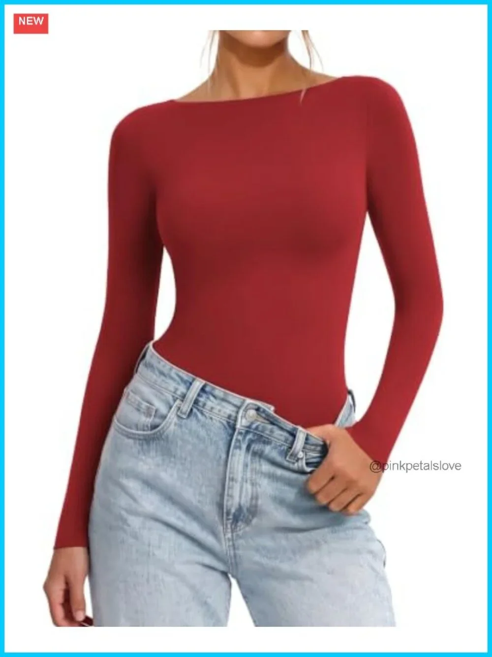 Long Sleeve Bodysuit Boat Neck Slim Fit Double Lined Stretch